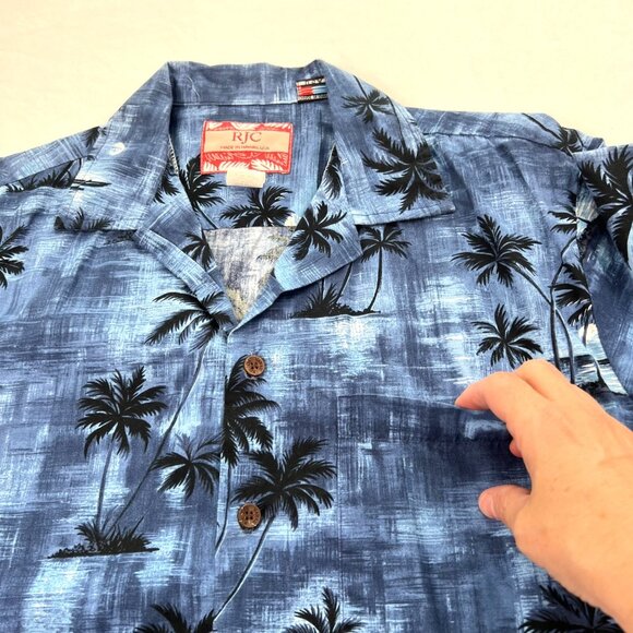 RJC Mens Hawaiian Shirt Blue Palm Tree Print Tropical Aloha 100% Cotton Size M - Picture 5 of 10